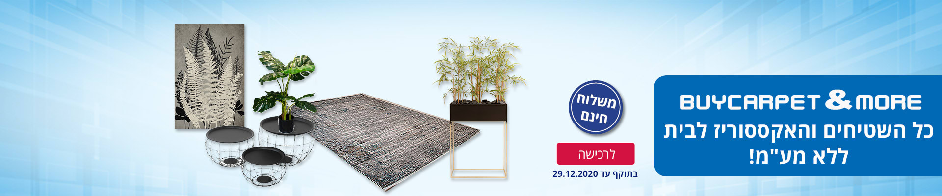 BUY CARPET כל השטיחים, מראות, תמונות ועציצים לבית ללא מע"מ! ומשלוח חינם. בתוקף: עד 29.12.2020